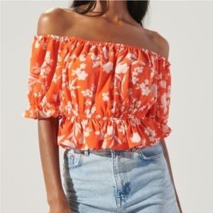 Sugarlips Orange Floral Off-Shoulder Crop Top Sz S